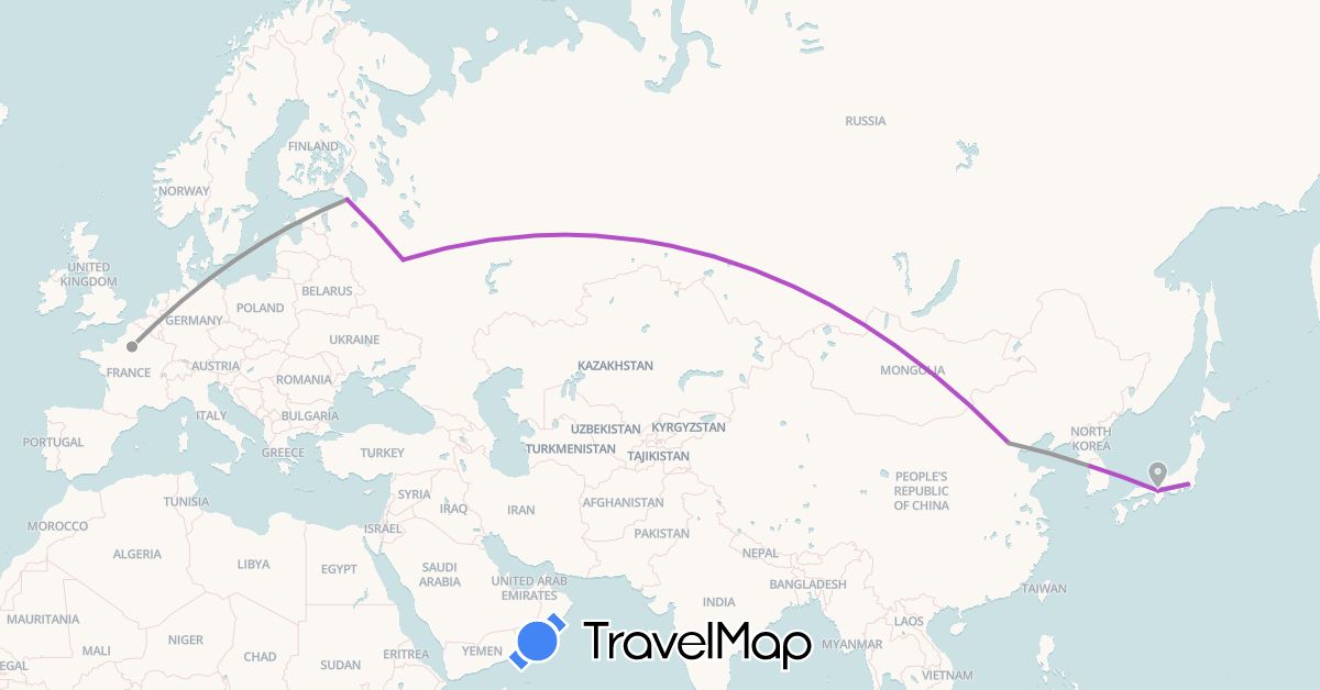 TravelMap itinerary: driving, plane, train in China, France, Japan, South Korea, Russia (Asia, Europe)